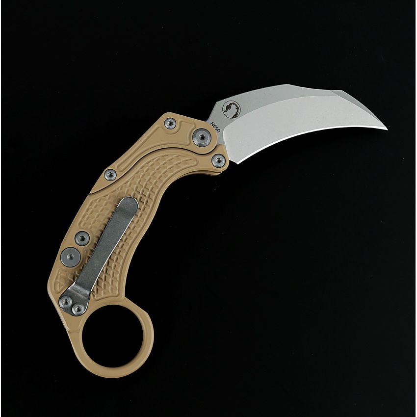 REATE EXO-K REA117 BUTTON LOCK — STONEWASH N690 KARAMBIT, CERAKOTE TAN ALUMINUM HANDLE, MADE IN CHINA