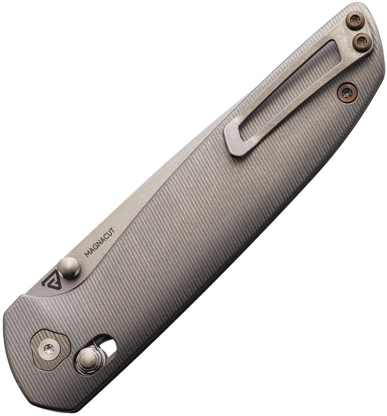 TACTILE KNIFE CO. RICHARD ROGERS MAVERICK FOLDING KNIFE 3.5" MAGNACUT STONEWASHED DROP POINT BLADE, MACHINED STONEWASHED TITANIUM HANDLES, BRONZE ACCENTS, AXIS/CROSSBAR LOCK - 20-MV-MC01-TTBS