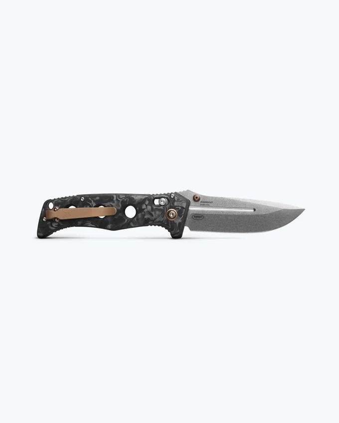 BENCHMADE 275-05 SHANE SIBERT ADAMAS FOLDING KNIFE 3.78" MAGNACUT STONEWASHED DROP POINT BLADE, MARBLED CARBON FIBER HANDLES, BALLISTIC NYLON SHEATH, AXIS/CROSSBAR LOCK