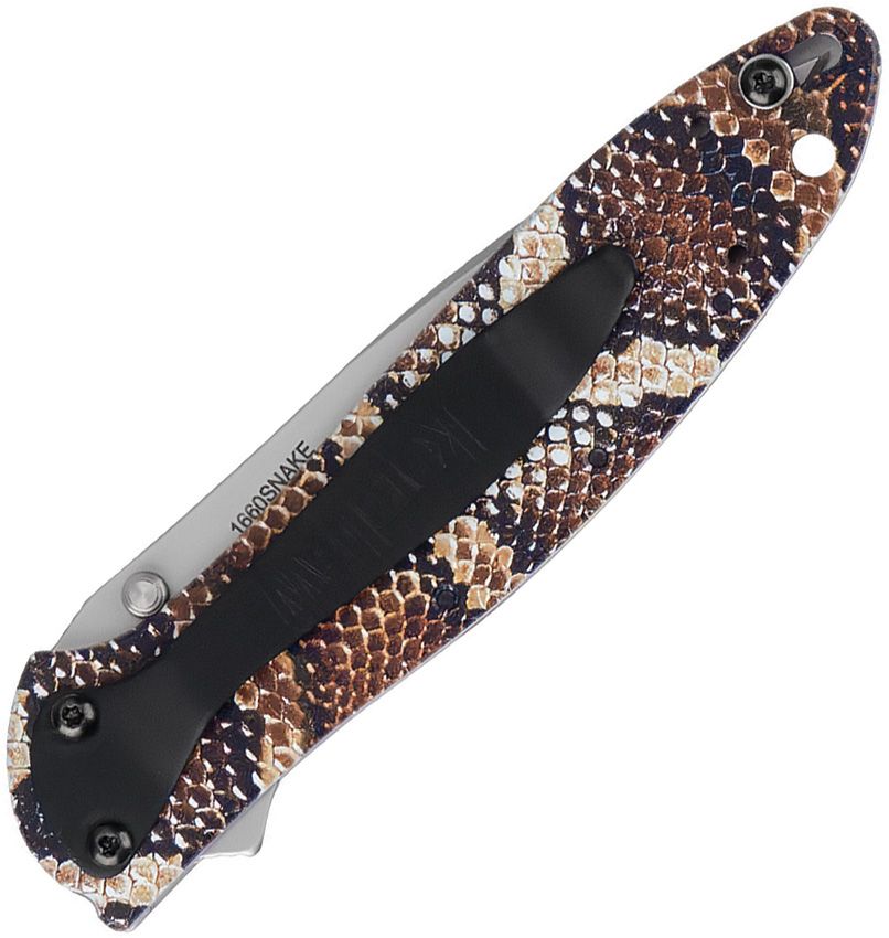 KERSHAW 1660SNAKE KEN ONION LEEK CCI ASSISTED LINER LOCK FLIPPER KNIFE 3" 14C28N BEAD BLAST PLAIN BLADE, SNAKE SKIN ALUMINUM HANDLES