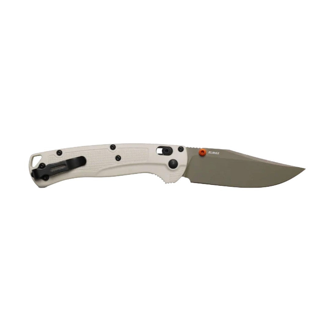 BENCHMADE HUNT TAGGEDOUT AXIS FOLDING KNIFE 3.5" ELMAX GREEN CERAKOTE CLIP POINT BLADE, TAN GRIVORY HANDLES - 15536GN-01