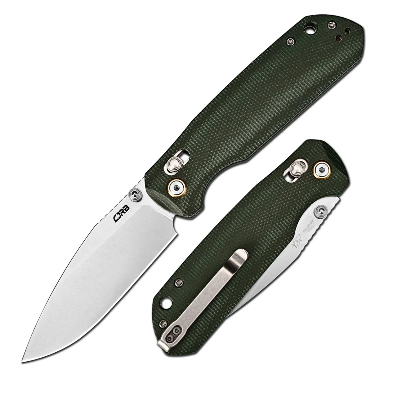 CJRB CUTLERY DCA MEGA MAXIMAL CROSSBAR LOCK FOLDING KNIFE 3.43" AR-RPM9 STONEWASHED DROP POINT BLADE, GREEN CANVAS MICARTA HANDLES, REVERSIBLE CLIP - J1954L-MGN
