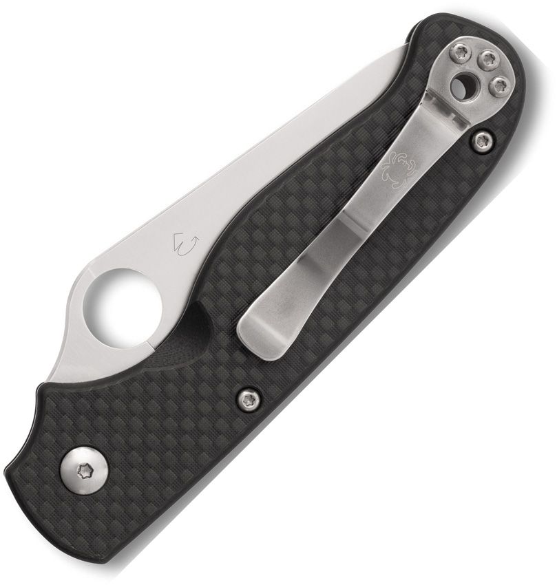 SPYDERCO BUTTONUP BUTTON LOCK FOLDING KNIFE 3.27" SATIN MODIFIED CLIP POINT COMBO BLADE, PEEL-PLY CARBON FIBER/G10 LAMINATE HANDLES, REVERSIBLE CLIP - C275CFPS