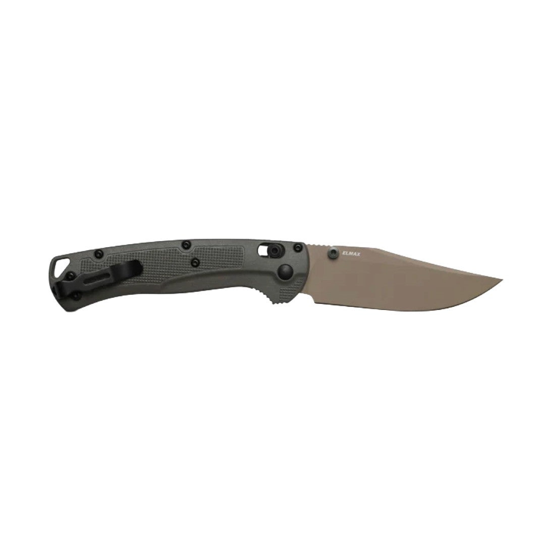 BENCHMADE HUNT TAGGEDOUT AXIS FOLDING KNIFE 3.5" ELMAX TAN CERAKOTE CLIP POINT BLADE, DEEP OLIVE GRIVORY HANDLES - 15536TN-02