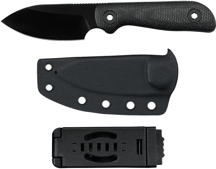 KUNWU KNIVES STIFFY P FIXED BLADE KNIFE 3" VANADIS 8 BLACK DLC DROP POINT BLADE, BLACK CANVAS MICARTA HANDLES, KYDEX SHEATH - F705BK-3
