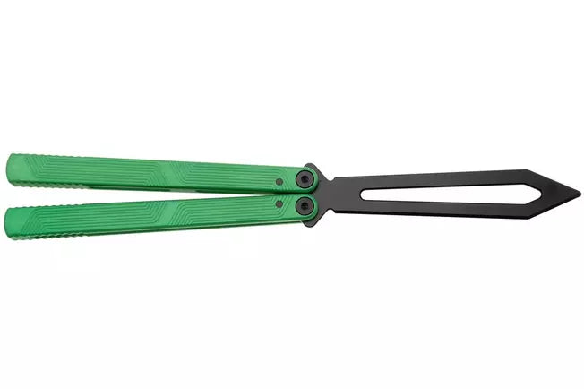 FLYTANIUM ZENITH 2.0 BALISONG TRAINER FLY1385RGB – BLACK COATED BLADE – RADIOACTIVE GREEN ALUMINUM HANDLE - MADE IN CHINA