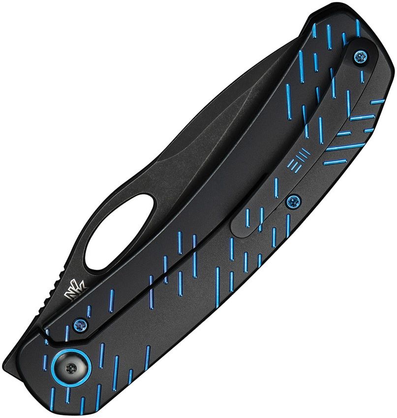 WE KNIFE COMPANY INMATE FRONT FLIPPER KNIFE 3.7" CPM-20CV BLACK STONEWASHED SPEAR POINT BLADE, BLACK TITANIUM HANDLES WITH BLUE RAINDROPS, FRAME LOCK - WE23096B-2
