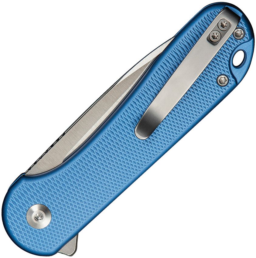 CIVIVI KNIVES BUTTON LOCK ELEMENTUM II FLIPPER KNIFE 2.96" NITRO-V SATIN DROP POINT BLADE, BLUE DIAMOND PATTERN ALUMINUM HANDLES - C18062PD-2