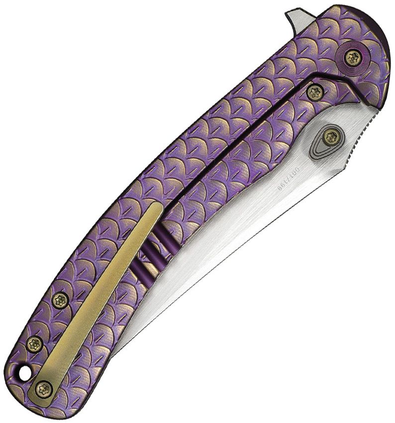 WE KNIFE COMPANY LIMITED EDITION DRACARYS FRAME LOCK FLIPPER KNIFE 3.58" M390 TWO-TONE CLIP POINT BLADE, BLACK DRAGON SCALE MACHINED TITANIUM HANDLES - WE25061B-5