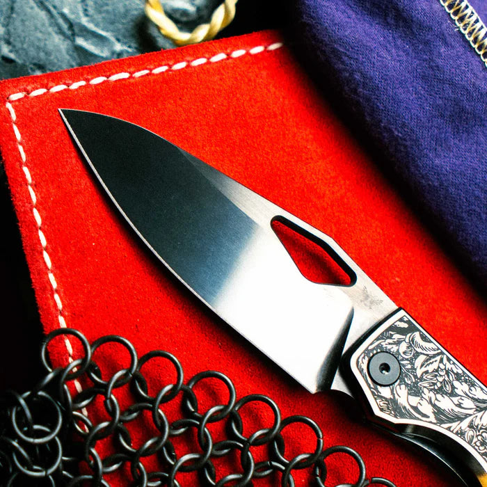 FLYTANIUM KNIVES FLY-1481F THEORY OBSIDIAN FILIGREE DLC FINISH CPM-20CV STEEL LASER ETCHED FOLDING KNIFE.