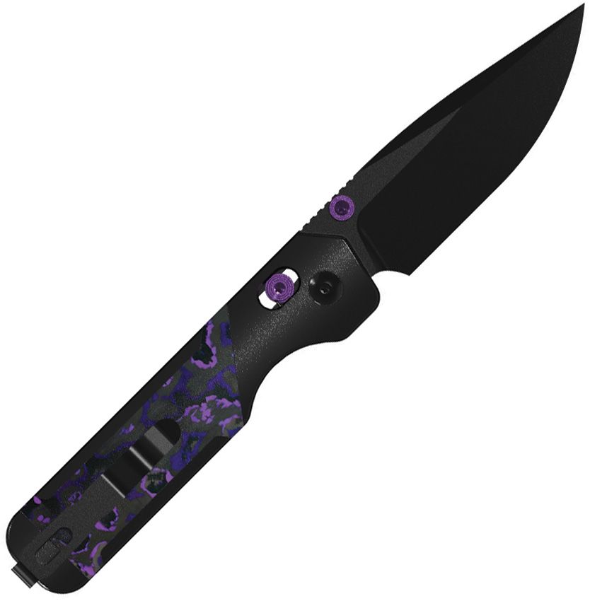 KIZER CUTLERY JONATHAN STYLES MILITAW 315 CLUTCH LOCK FOLDING KNIFE 3.1" ELMAX MATTE BLACK DLC ULTRA DROP POINT BLADE, BLACK ALUMINUM HANDLES WITH KWIKSWAP PURPLE HAZE FATCARBON INLAYS, AXIS/CROSSBAR LOCK - KI3634.31CDA1