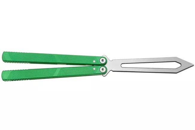 FLYTANIUM ZENITH 2.0 BALISONG TRAINER FLY1385RGS – STONEWASHED BLADE – RADIOACTIVE GREEN ALUMINUM HANDLE - MADE IN CHINA