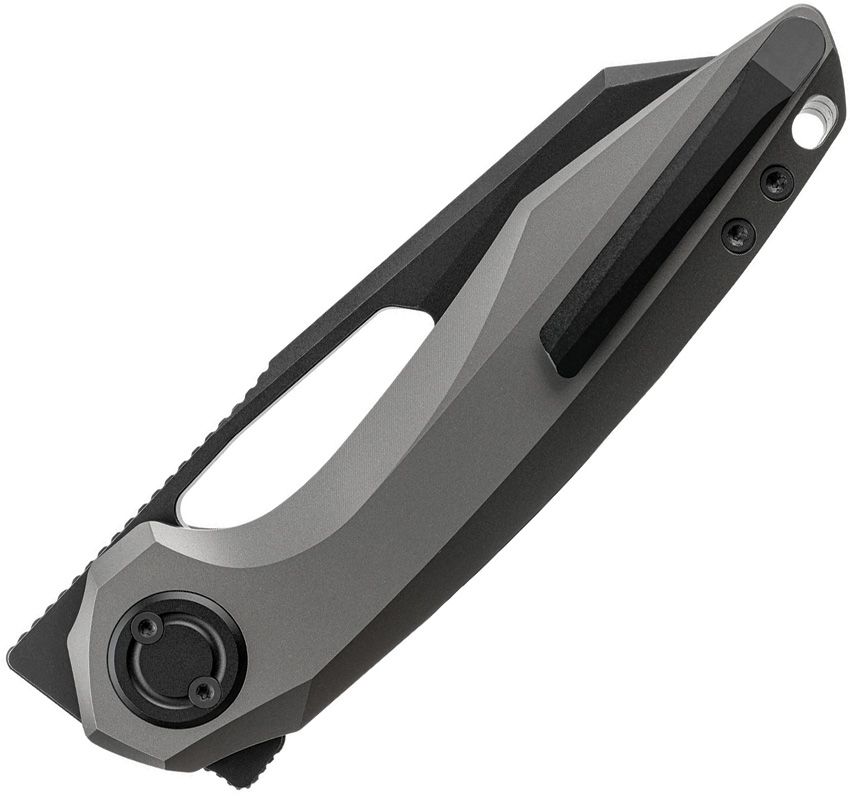 VOSTEED KNIVES YUE THUNDERBEAST VANCHOR LOCK FLIPPER KNIFE 3.49" M390 BLACK STONEWASHED REVERSE TANTO BLADE, DIM GRAY TITANIUM HANDLES, BUTTON LOCK - A4304