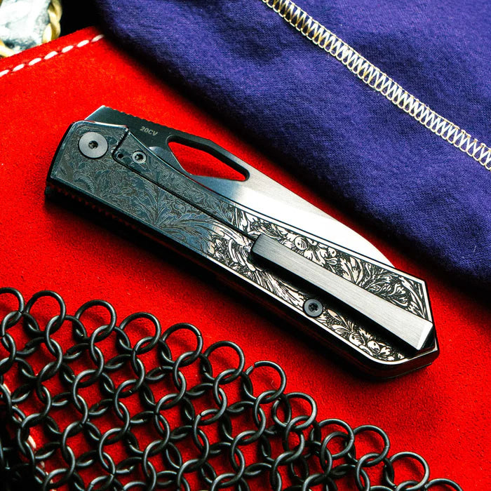 FLYTANIUM KNIVES FLY-1481F THEORY OBSIDIAN FILIGREE DLC FINISH CPM-20CV STEEL LASER ETCHED FOLDING KNIFE.