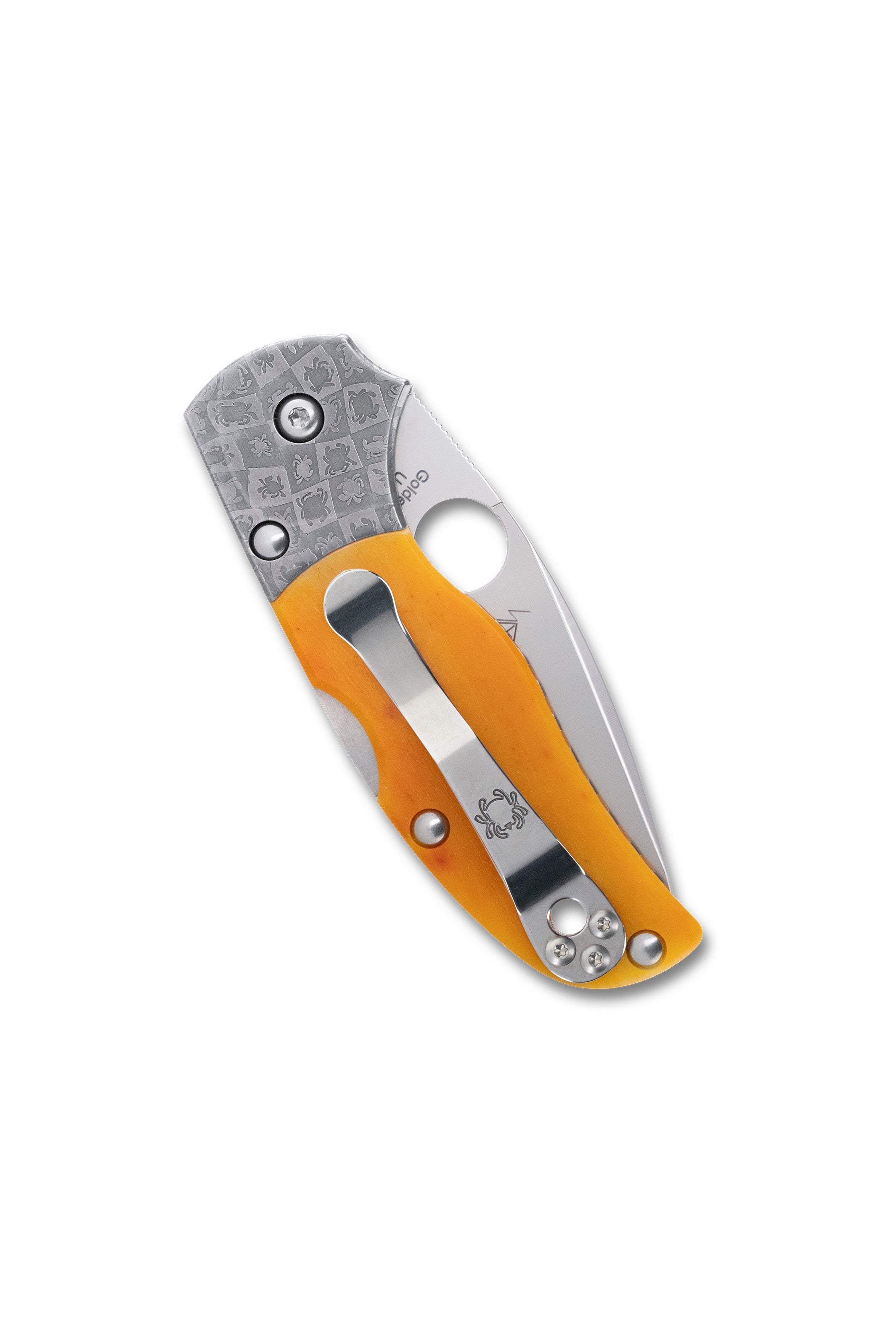 SPYDERCO NATIVE 5 50TH ANNIVERSARY SPRINT RUN FOLDING KNIFE 2.95" CPM-S90V SATIN PLAIN BLADE, AMBER BONE HANDLES WITH MOSAIC DAMASCUS BOLSTERS, WOODEN COLLECTOR'S BOX, LOCKBACK - C41BA50TH