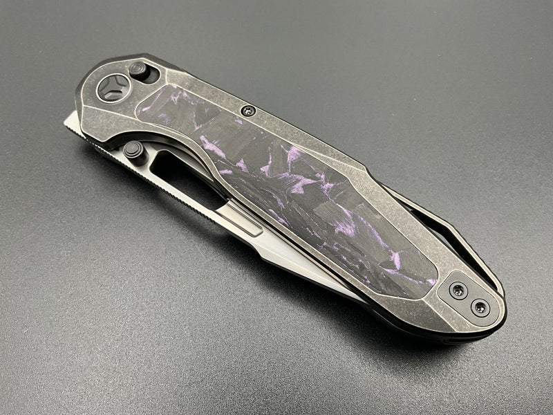 KETUO TRIAD KETM0134 – SATIN BOHLER M390 TANTO BLADE – GRAY STONEWASH TITANIUM HANDLE WITH BLACK &amp; PURPLE CARBON FIBER INLAY – MADE IN CHINA