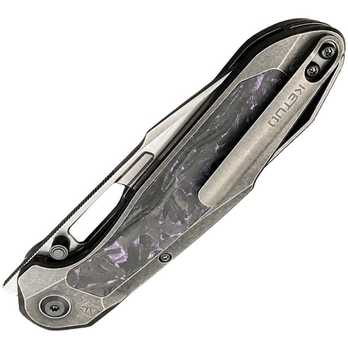 KETUO TRIAD KETM0134 – SATIN BOHLER M390 TANTO BLADE – GRAY STONEWASH TITANIUM HANDLE WITH BLACK &amp; PURPLE CARBON FIBER INLAY – MADE IN CHINA