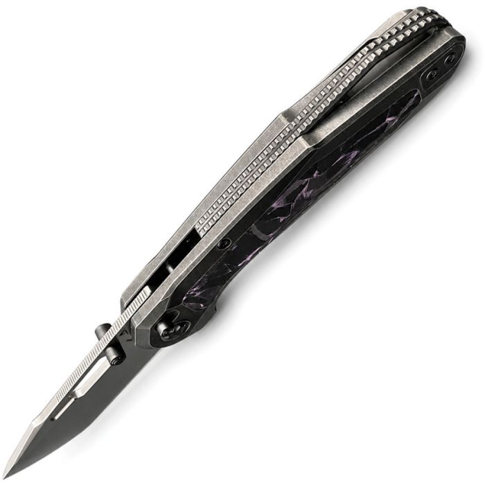 KETUO TRIAD KETM0134 – SATIN BOHLER M390 TANTO BLADE – GRAY STONEWASH TITANIUM HANDLE WITH BLACK &amp; PURPLE CARBON FIBER INLAY – MADE IN CHINA