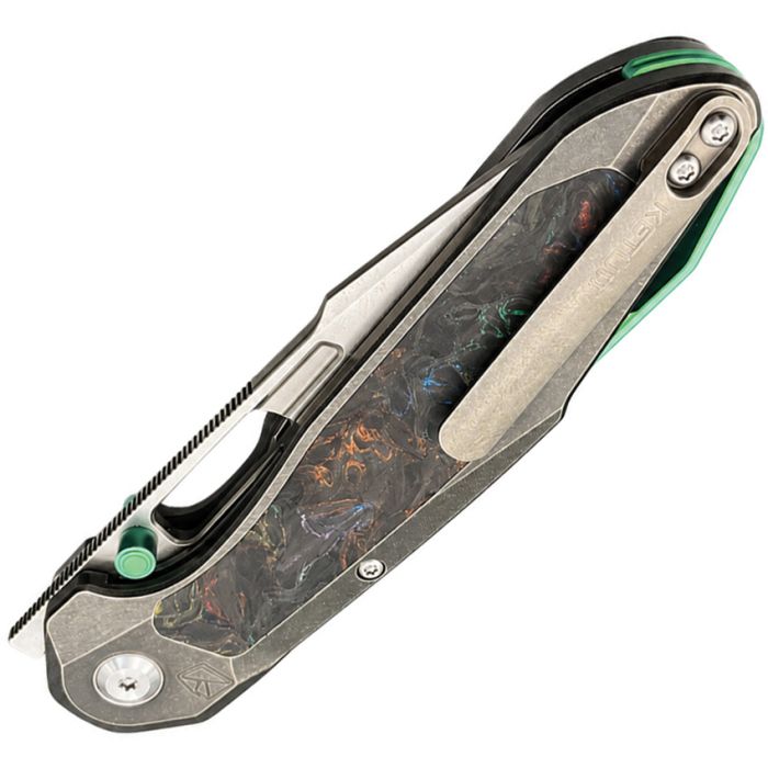 KETUO TRIAD KETM0136 – STONEWASH BOHLER M390 TANTO BLADE – GRAY STONEWASH TITANIUM HANDLE WITH MULTI-COLOR CARBON FIBER INLAY – MADE IN CHINA