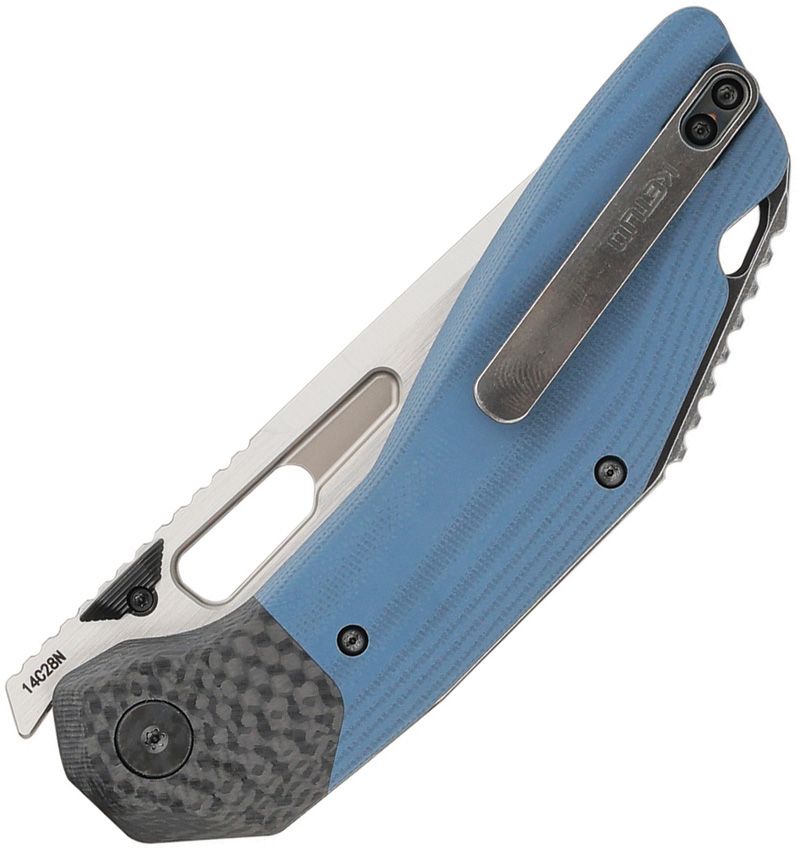 KETUO YAKUZA LINER LOCK KETM061 – SATIN 14C28N TANTO BLADE – BLUE G10 HANDLE WITH CARBON FIBER BOLSTERS – MADE IN CHINA