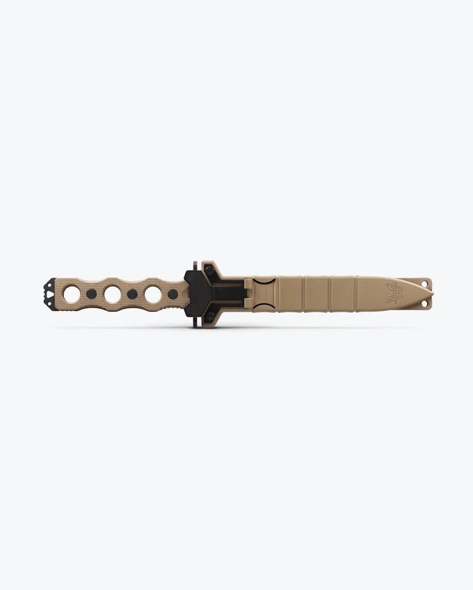 BENCHMADE 185BK-1 SOCP FIXED BLADE KNIFE 7.11" CPM-3V BLACK DOUBLE EDGE PLAIN DAGGER BLADE, DESERT TAN G10 HANDLES, INJECTION MOLDED SHEATH - S&R Knives Inc.