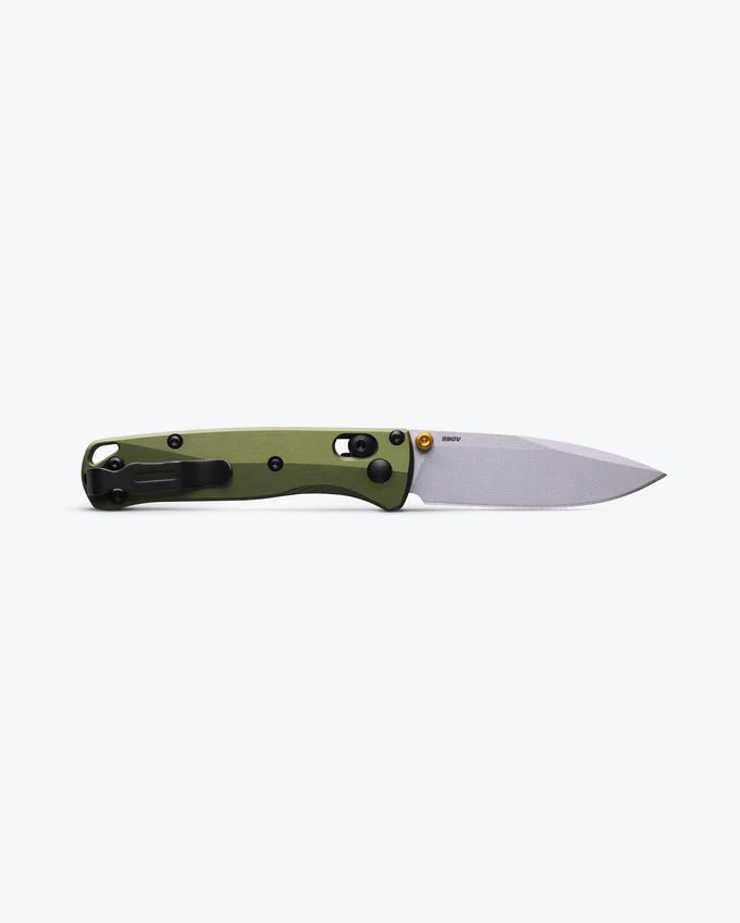 BENCHMADE MINI BUGOUT AXIS LOCK 533SL-10 – CRUSHED SILVER CPM-S90V DROP POINT BLADE – WOODLAND GREEN ALUMINUM HANDLE – MADE IN USA
