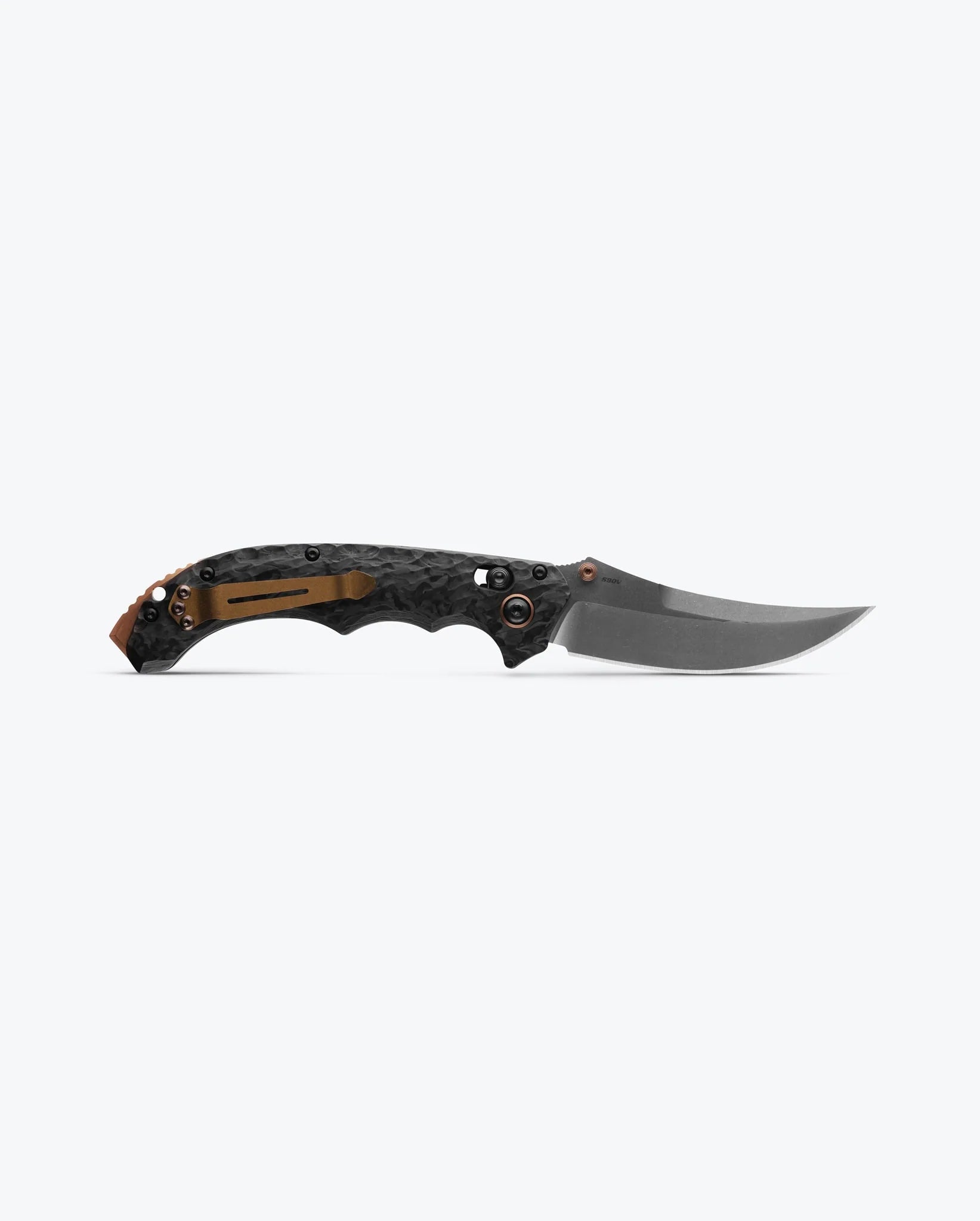 BENCHMADE 865-02 MINI BEDLAM – SATIN CPM-S90V SCIMITAR BLADE – MARBLED CARBON FIBER HANDLE – MADE IN USA
