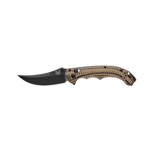 BENCHMADE 865BK-01 MINI BEDLAM – GRAPHITE BLACK CERAKOTE CPM-S90V SCIMITAR BLADE – LAYERED COYOTE/BLACK/OD GREEN G10 HANDLE – MADE IN USA