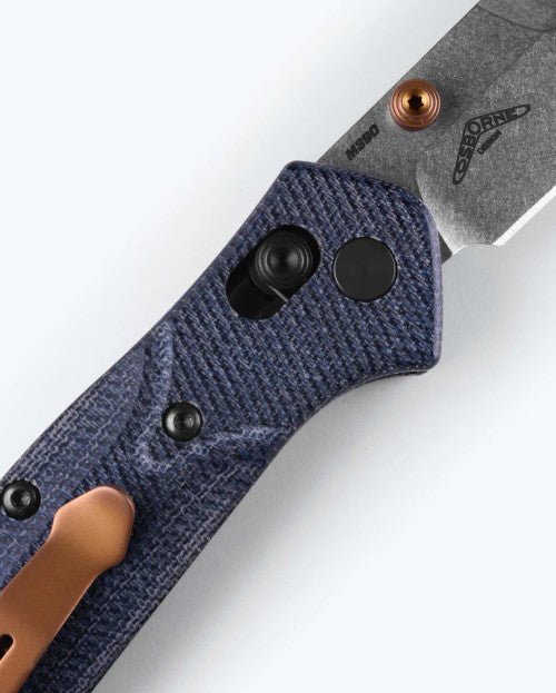 BENCHMADE MINI OSBORNE 945-04 – STONEWASH M390 REVERSE TANTO BLADE – DENIM MICARTA HANDLE – MADE IN USA