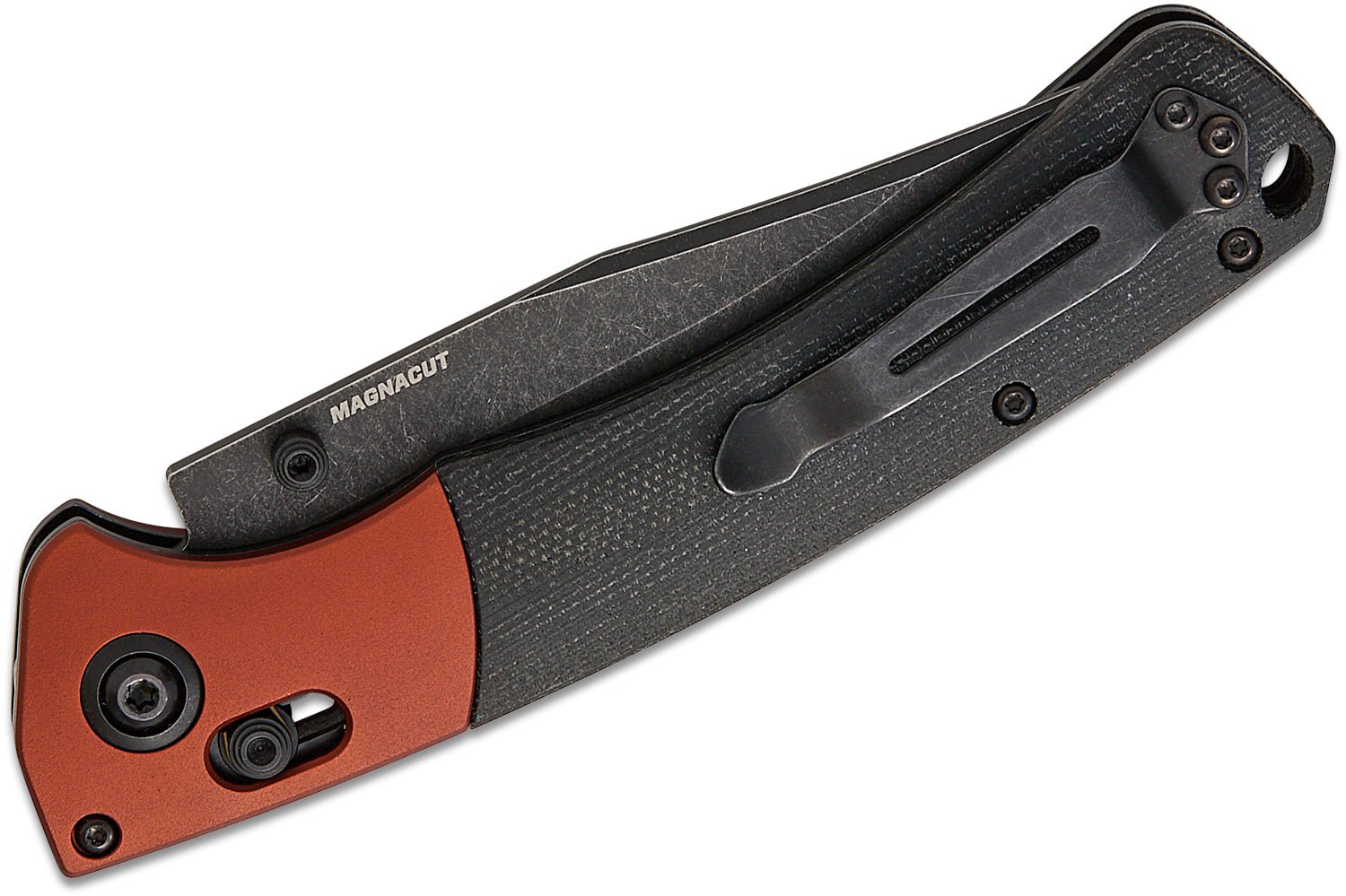BENCHMADE CROOKED RIVER AXIS LOCK 15080BK-04 – BLACK STONEWASH CPM-MAGNACUT CLIP POINT BLADE – BLACK CANVAS MICARTA WITH BURNT COPPER ALUMINUM BOLSTERS – MADE IN USA