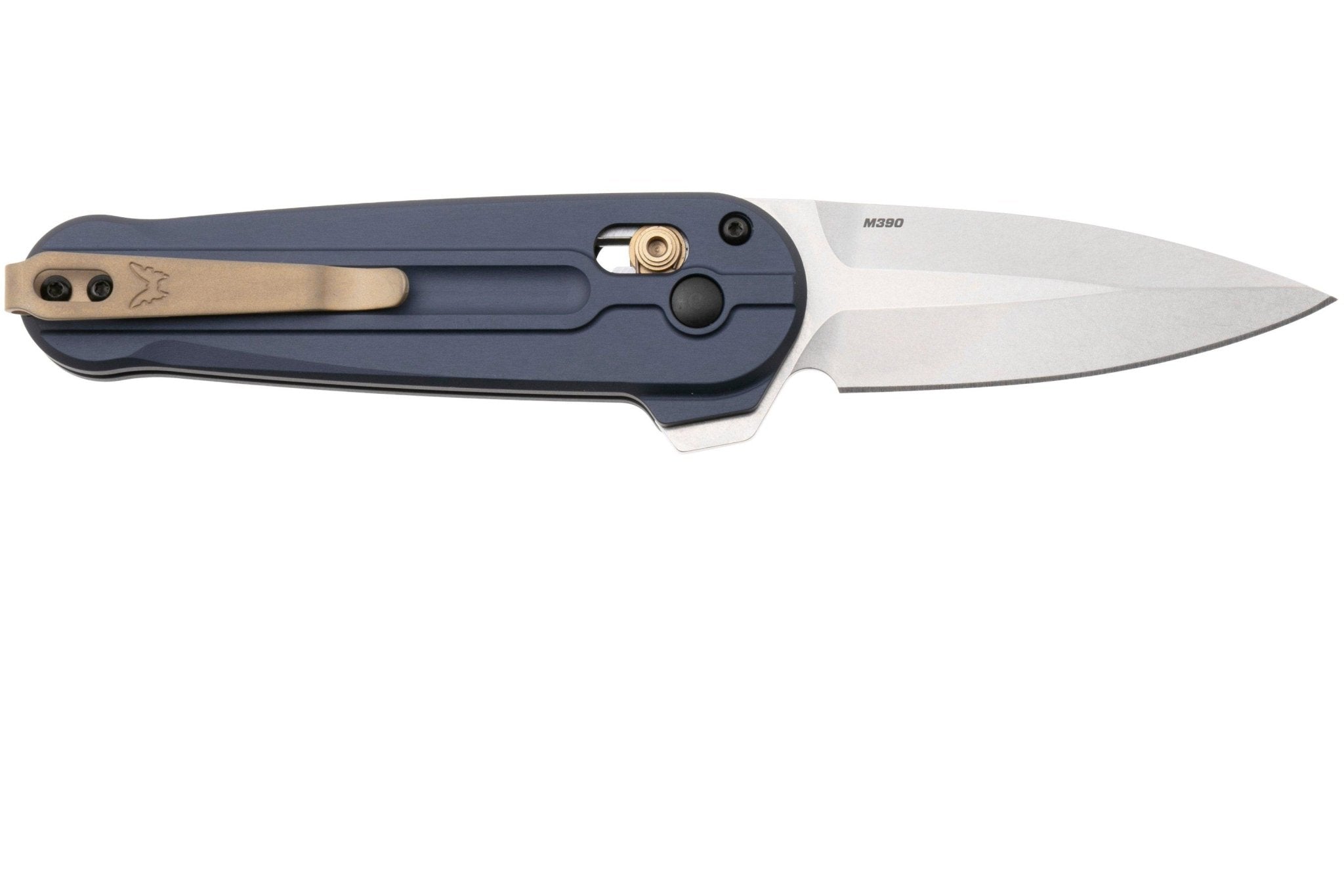 BENCHMADE 491 LOWDEN – SATIN M390 SPEAR POINT BLADE – CRATER BLUE ANODIZED ALUMINUM HANDLE – MADE IN USA