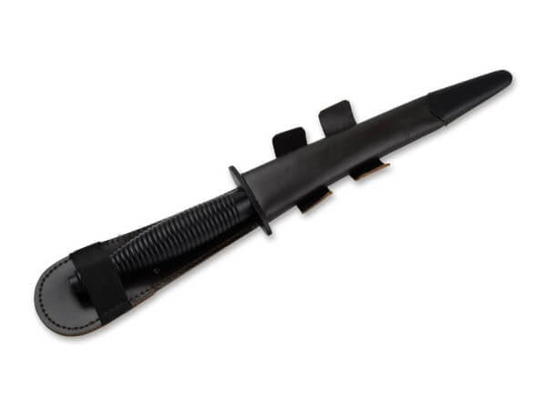 BOKER HISTORY KNIFE AND TOOL COMMANDO DAGGER 7.09" BLACK DAGGER BLADE, BLACK ALUMINUM HANDLES, LEATHER SHEATH - 02HY002 - SRK KNIVES AND SPORTS INC