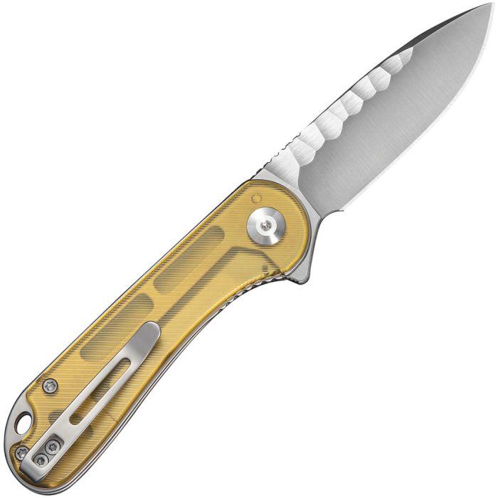 CIVIVI KNIVES ELEMENTUM LINER LOCK FLIPPER KNIFE 2.96" NITRO-V SATIN DROP POINT BLADE WITH ROCK-GRIND PATTERN, POLISHED ULTEM HANDLES WITH CNC-MACHINED MAZE PATTERN AND CERAMIC BALL INSIDE - C18062AM-2 - S&R Knives Inc.
