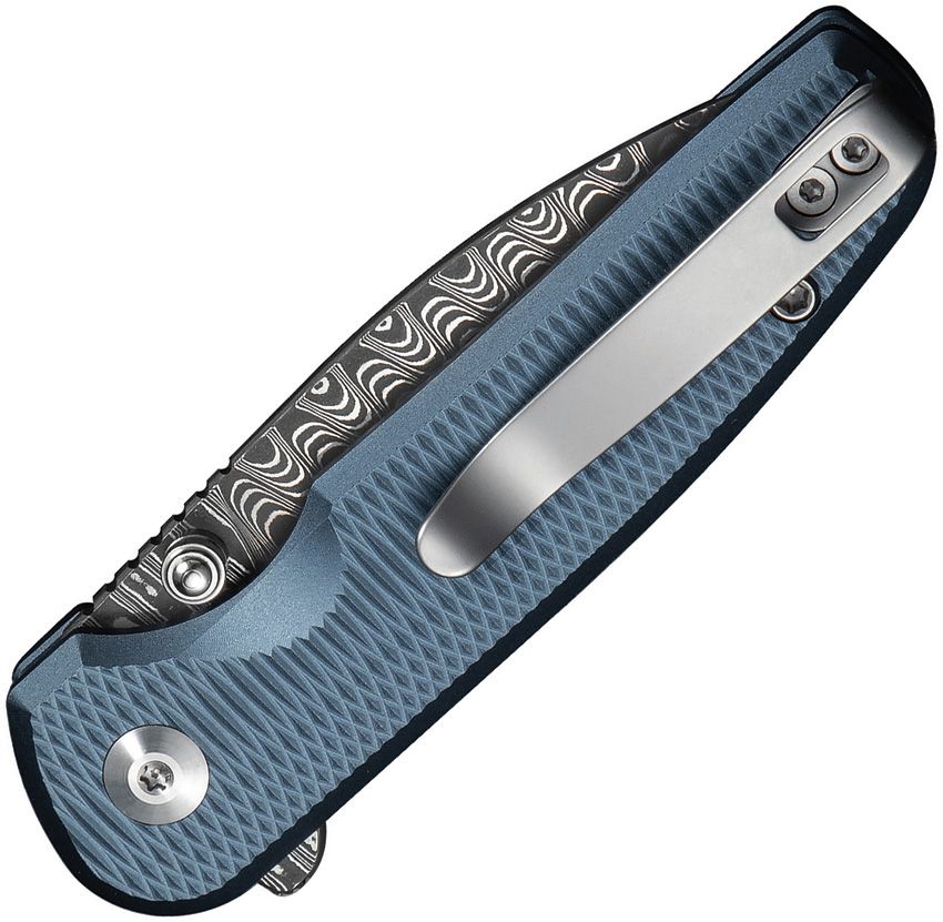 CIVIVI MINI SHAKAN C20052F-DS1 BUTTON LOCK – DAMASCUS DROP POINT BLADE – BLUE RIPPLE ALUMINUM HANDLE – MADE IN CHINA