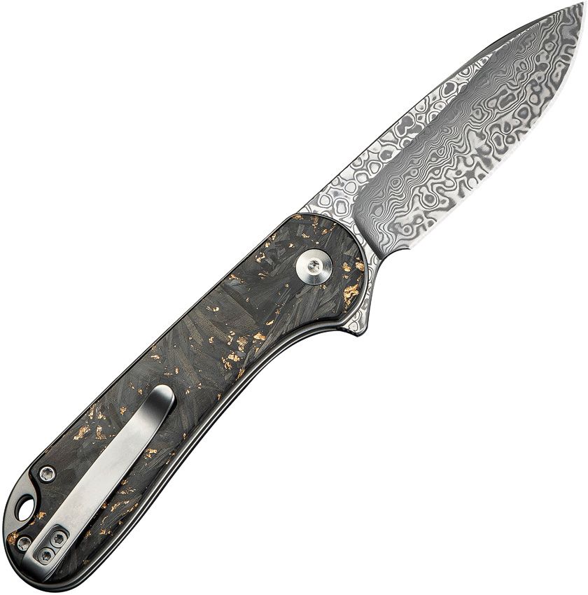 CIVIVI ELEMENTUM II C18062P-10 BUTTON LOCK  — DAMASCUS DROP POINT, GOLD SHRED CARBON FIBER HANDLE – MADE IN CHINA