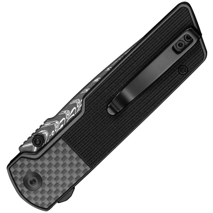 CIVIVI KNIVES ZYGON TOP CROSSBAR LOCK FLIPPER KNIFE 3.24" DAMASCUS DROP POINT BLADE, BLACK G10 HANDLES WITH CARBON FIBER OVERLAY BOLSTERS, REVERSIBLE CLIP - C25035B-DS1 - S&R Knives Inc.
