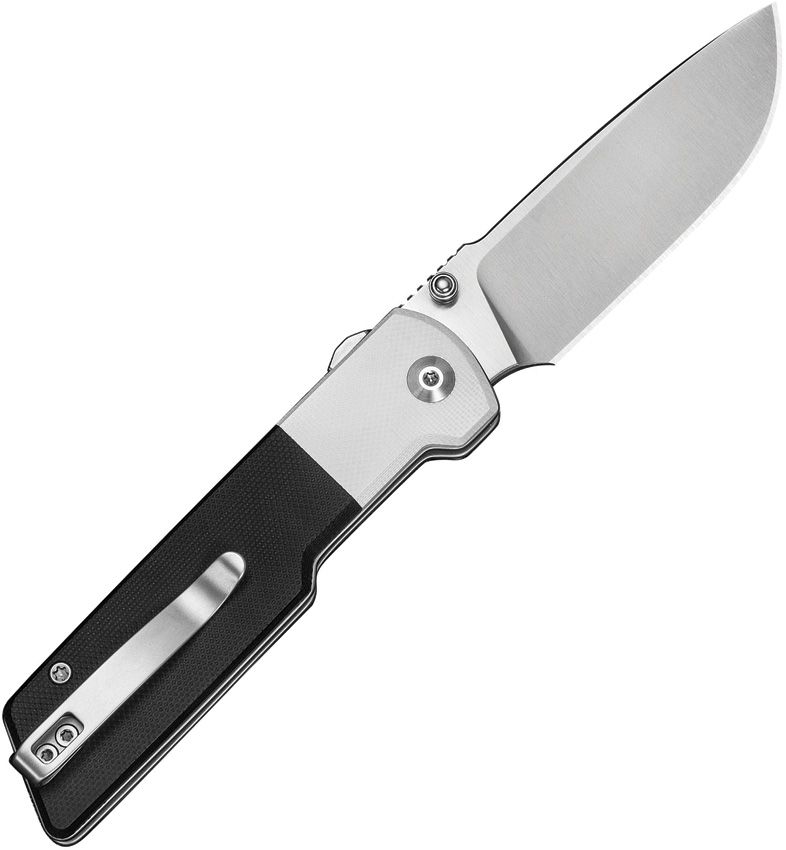 CIVIVI KNIVES ZYGON TOP CROSSBAR LOCK FLIPPER KNIFE 3.24" NITRO-V SATIN DROP POINT BLADE, BLACK G10 HANDLES WITH WHITE G10 BOLSTERS, REVERSIBLE CLIP - C25035C-1 - S&R Knives Inc.