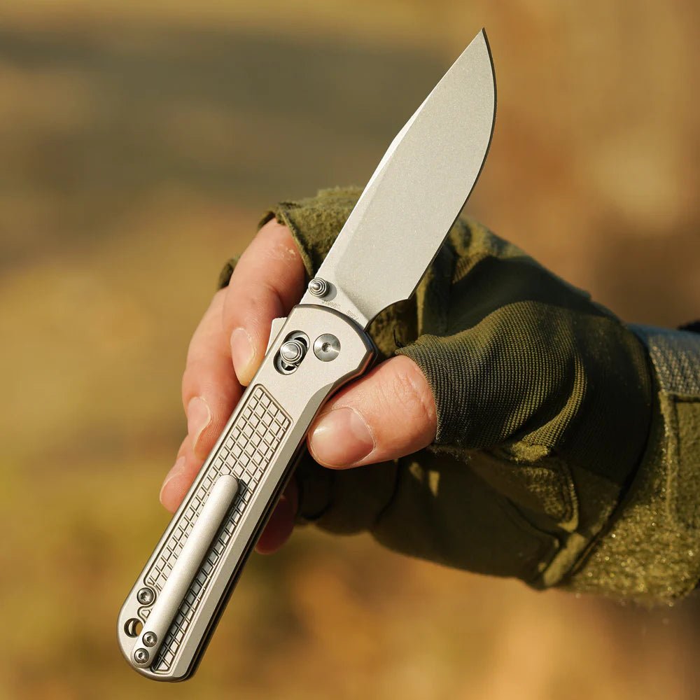 CJRB BOLT J1960GGY – STONEWASHED S90V DROP POINT BLADE – GRAY TITANIUM HANDLE – MADE IN CHINA