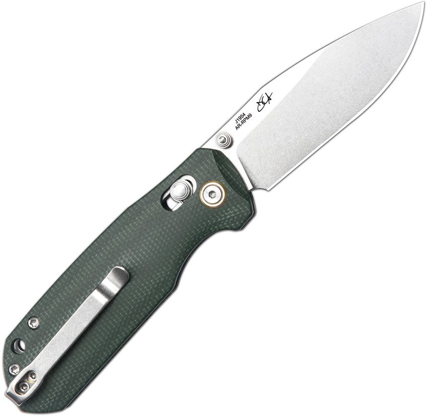 CJRB MAXIMAL CROSSBAR LOCK J1954MGN– STONEWASH AR-RPM9 DROP POINT BLADE – GREEN CANVAS MICARTA HANDLE – MADE IN CHINA