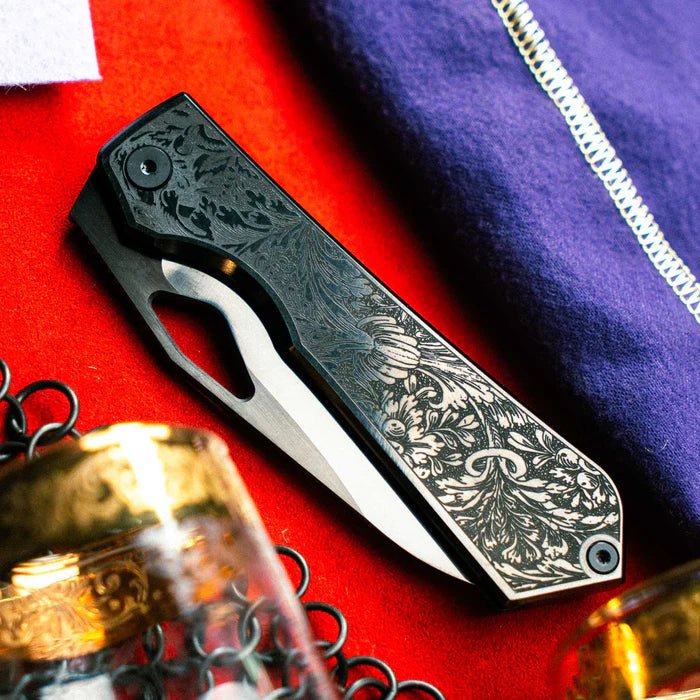 FLYTANIUM KNIVES FLY-1481F THEORY OBSIDIAN FILIGREE DLC FINISH CPM-20CV STEEL LASER ETCHED FOLDING KNIFE. - SRK KNIVES AND SPORTS INC