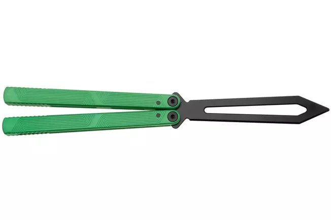 FLYTANIUM ZENITH 2.0 BALISONG TRAINER FLY1385RGB – BLACK COATED BLADE – RADIOACTIVE GREEN ALUMINUM HANDLE - MADE IN CHINA