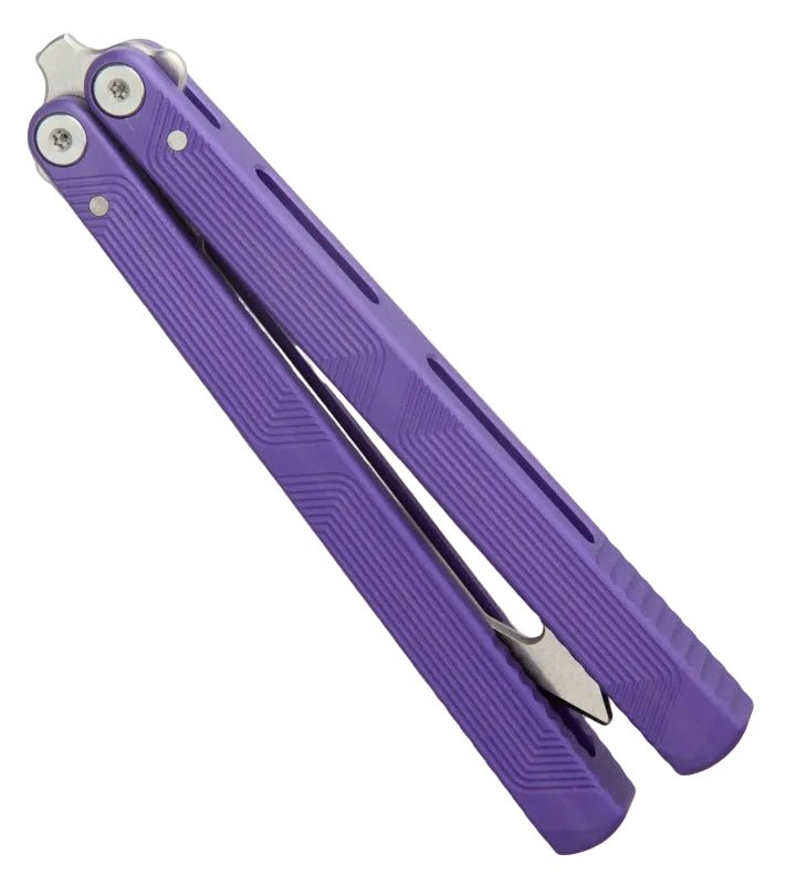 FLYTANIUM ZENITH 2.0 BALISONG TRAINER FLY1385UVS – STONEWASHED BLADE – ULTRAVIOLET ALUMINUM HANDLE - MADE IN CHINA