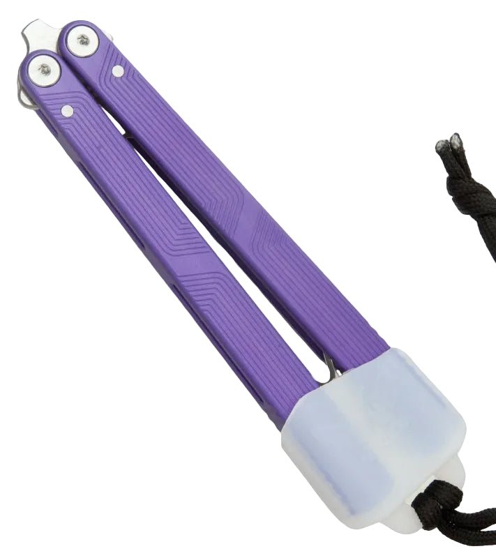 FLYTANIUM ZENITH 2.0 BALISONG TRAINER FLY1385UVS – STONEWASHED BLADE – ULTRAVIOLET ALUMINUM HANDLE - MADE IN CHINA - SRK KNIVES AND SPORTS INC