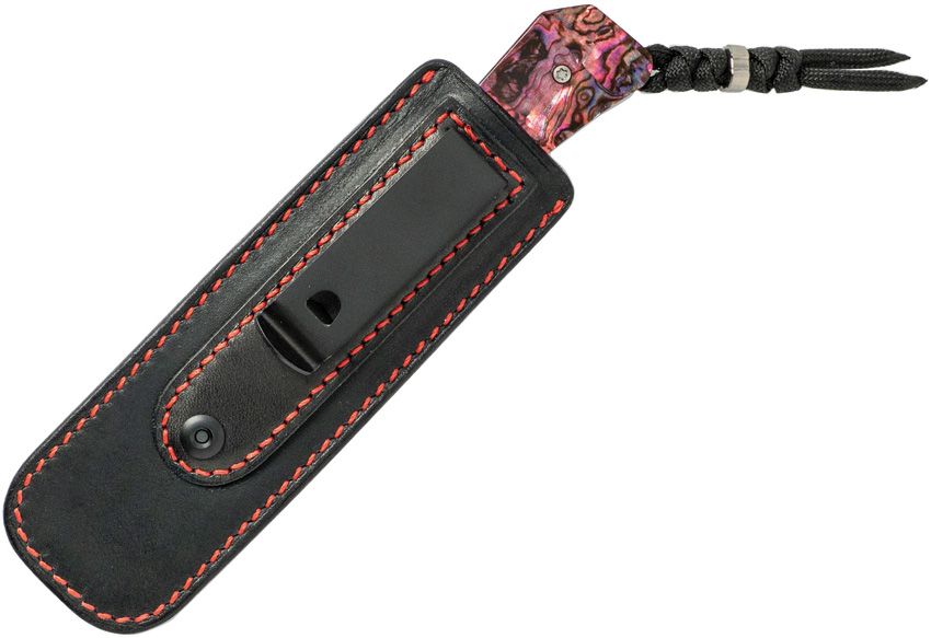 JACK WOLF KNIVES JW54367 PIONEER RED ABALONE HANDLE S90V STEEL WITH LEATHER SHEATH.