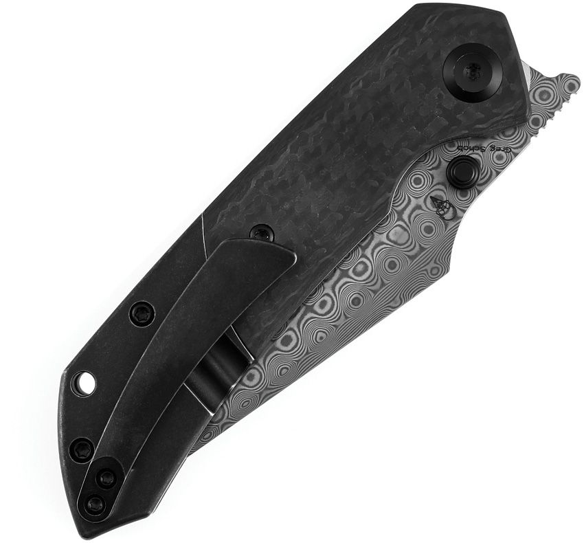 KANSEPT FENRIR K1034D1 – ACID ETCHED DAMASCUS HARPOON BLADE – BLACK STONEWASHED TITANIUM & TWILL CARBON FIBER HANDLE