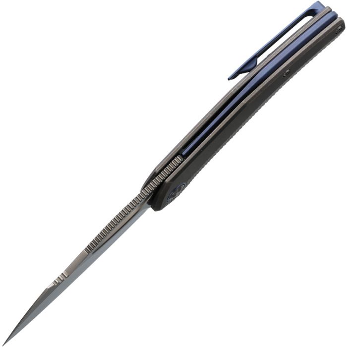 KETUO SLASHLEY KETM0131 – SATIN BOHLER M390 BLADE – GRAY STONEWASH TITANIUM HANDLE WITH BLUE BACKSPACER – MADE IN CHINA - S&R Knives Inc.
