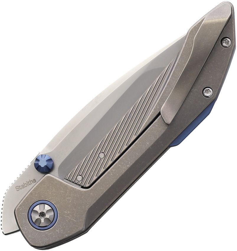 KETUO STABITHA FRAME LOCK KETM0128 – SATIN BOHLER M390 TANTO BLADE – STONEWASH TITANIUM HANDLE WITH BLUE BACKSPACER – MADE IN CHINA - S&R Knives Inc.