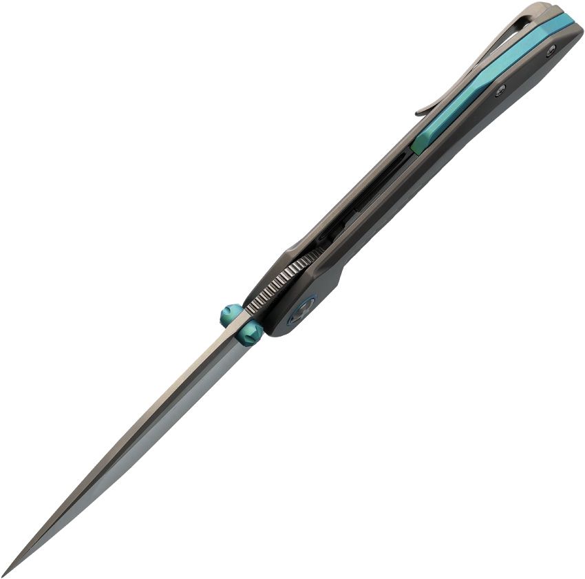 KETUO STABITHA FRAME LOCK KETM0129 – SATIN BOHLER M390 TANTO BLADE – BEAD BLAST TITANIUM HANDLE WITH TEAL BACKSPACER – MADE IN CHINA - S&R Knives Inc.