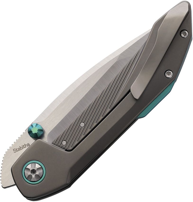 KETUO STABITHA FRAME LOCK KETM0129 – SATIN BOHLER M390 TANTO BLADE – BEAD BLAST TITANIUM HANDLE WITH TEAL BACKSPACER – MADE IN CHINA - S&R Knives Inc.