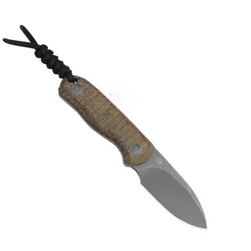 KIZER DROP BEAR FIXED BLADE 1094A1 – BLACK STONEWASHED 14C28N DROP POINT BLADE – BROWN BURLAP MICARTA HANDLE – DESIGNED BY AZO – MADE IN CHINA